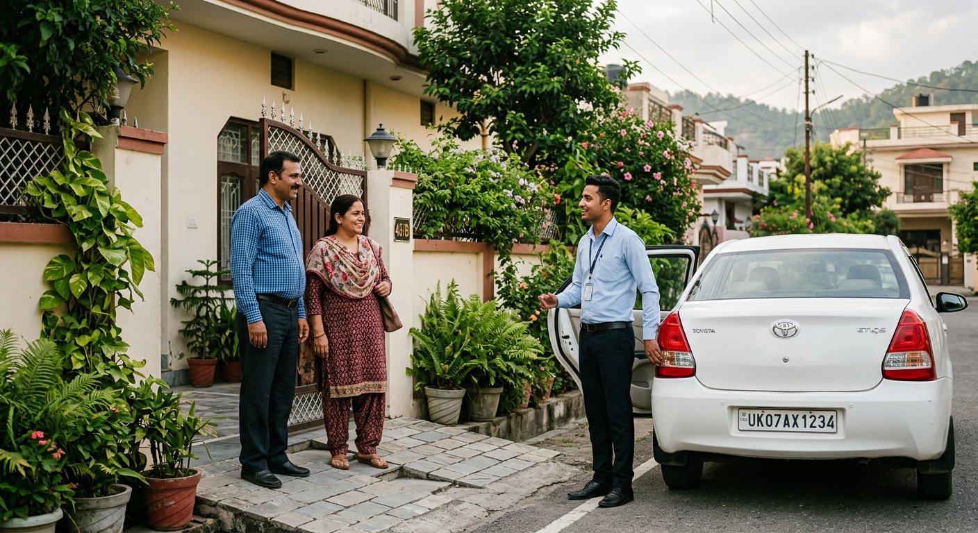Indian family talking with a professional driver in light-blue uniform beside a white sedan outside their home in Dehradun, friendly conversation, natural daylight, realistic documentary photograph