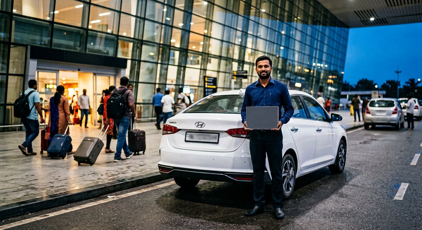 Indian professional driver holding a name board beside a sedan at an airport arrivals area, early morning light, modern terminal building in background
