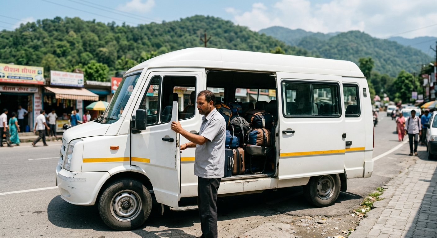 Indian commercial driver beside a tempo traveller on a Dehradun road with hills in background, professional workwear, morning light