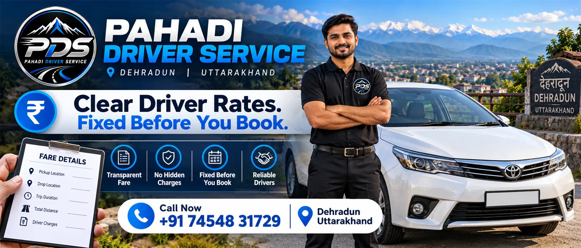 Transparent Pahadi Driver Service rates in Dehradun, fixed and confirmed before booking