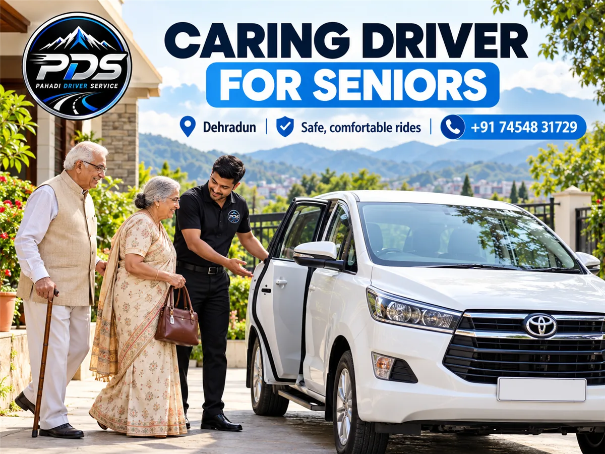 Caring professional driver helping senior citizens travel safely in Dehradun